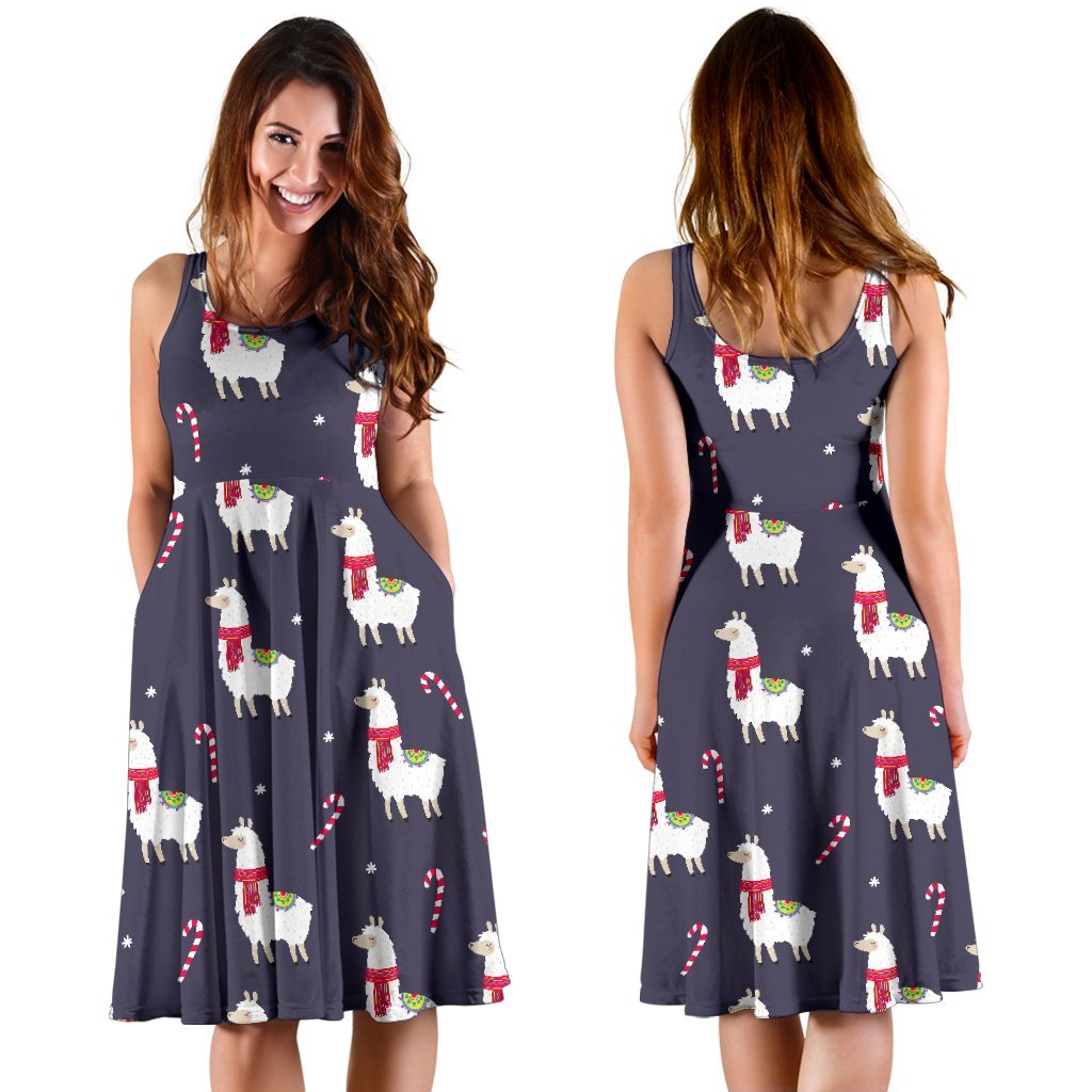Llama with Candy Cane Themed Print Sleeveless Dress