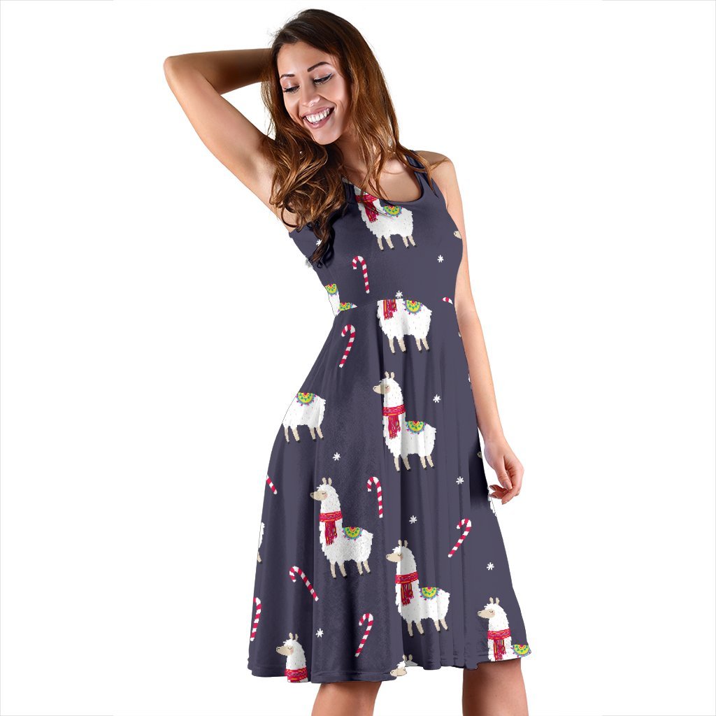 Llama with Candy Cane Themed Print Sleeveless Dress