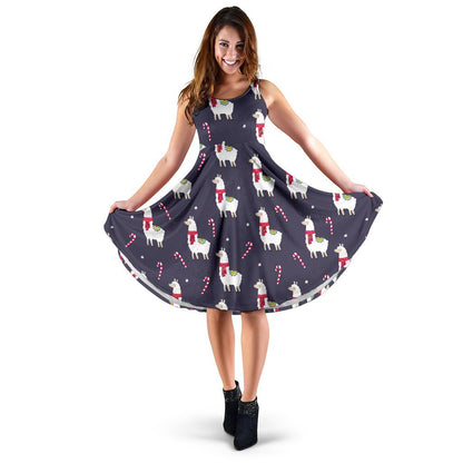 Llama with Candy Cane Themed Print Sleeveless Dress