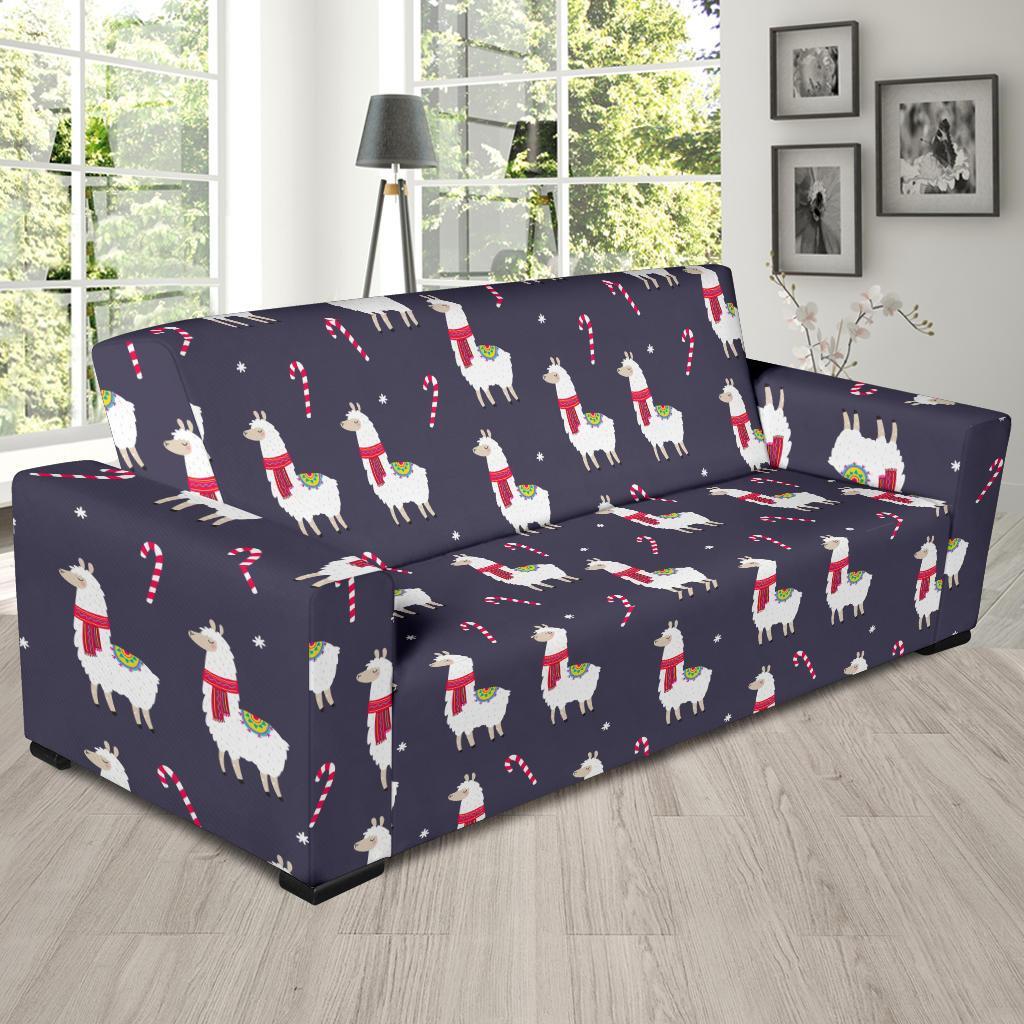 Llama with Candy Cane Themed Print Sofa Slipcover-JTAMIGO.COM