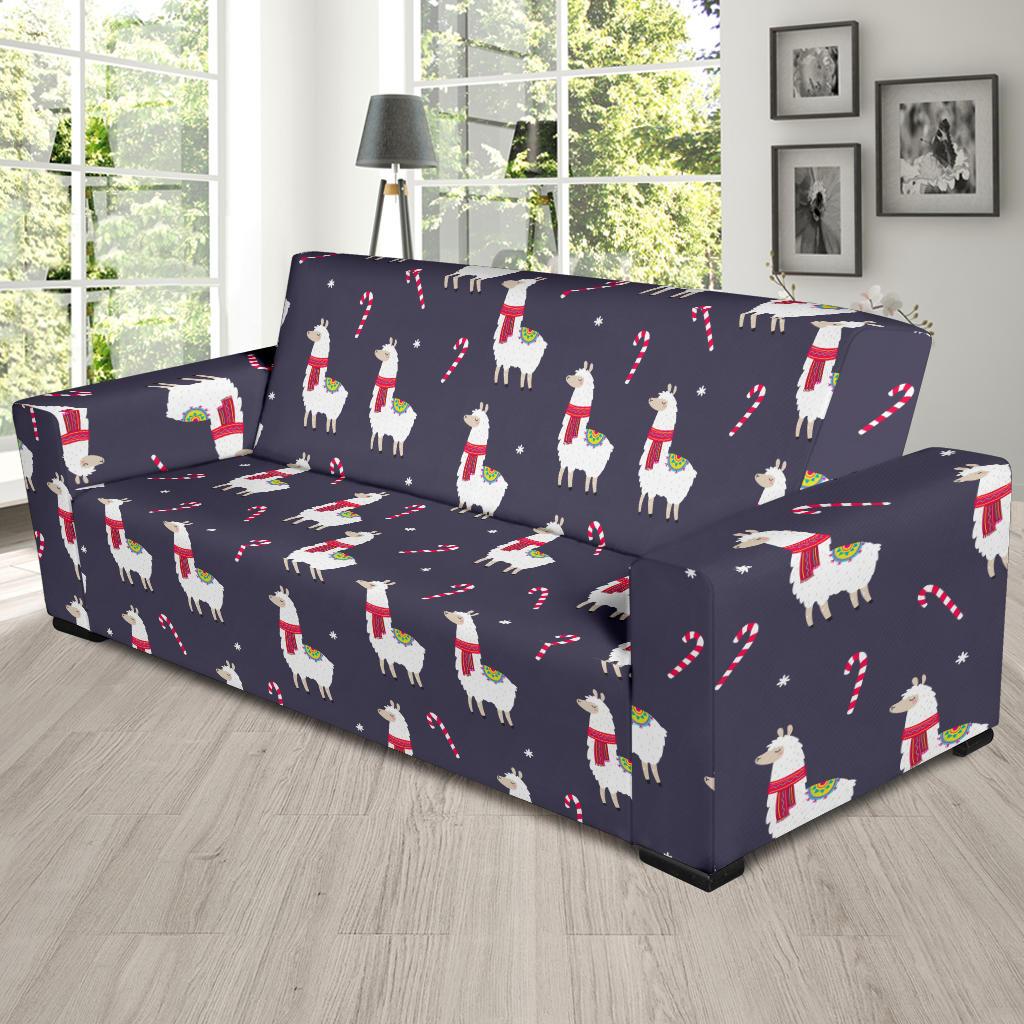 Llama with Candy Cane Themed Print Sofa Slipcover-JTAMIGO.COM