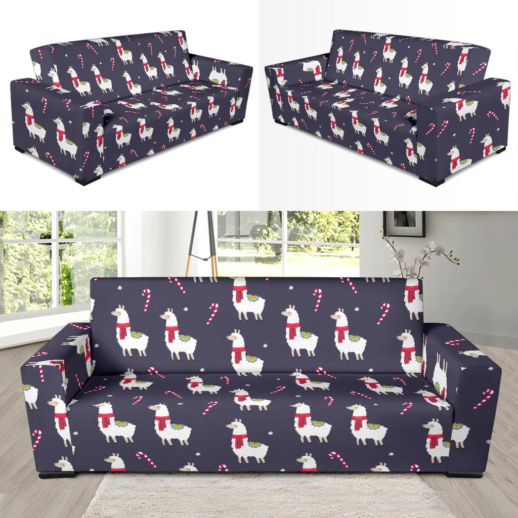 Llama with Candy Cane Themed Print Sofa Slipcover-JTAMIGO.COM