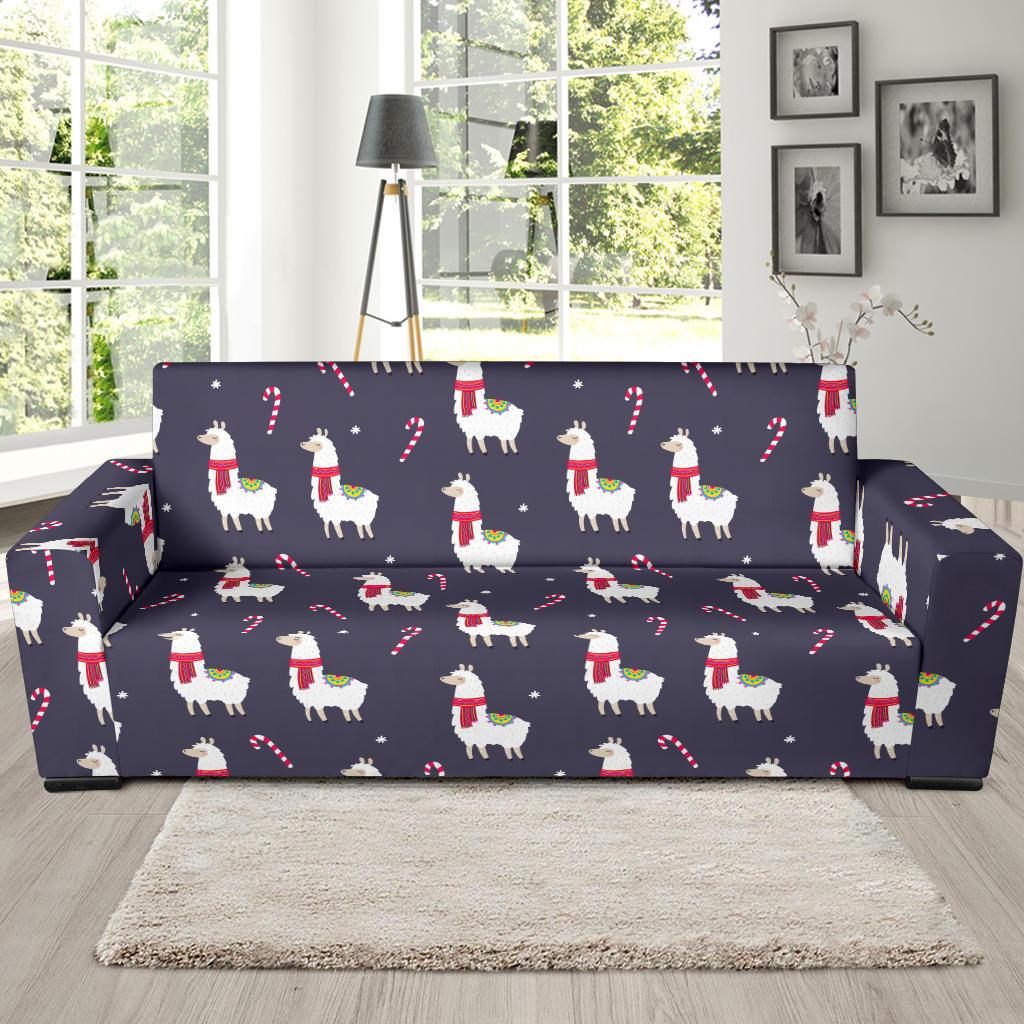 Llama with Candy Cane Themed Print Sofa Slipcover-JTAMIGO.COM