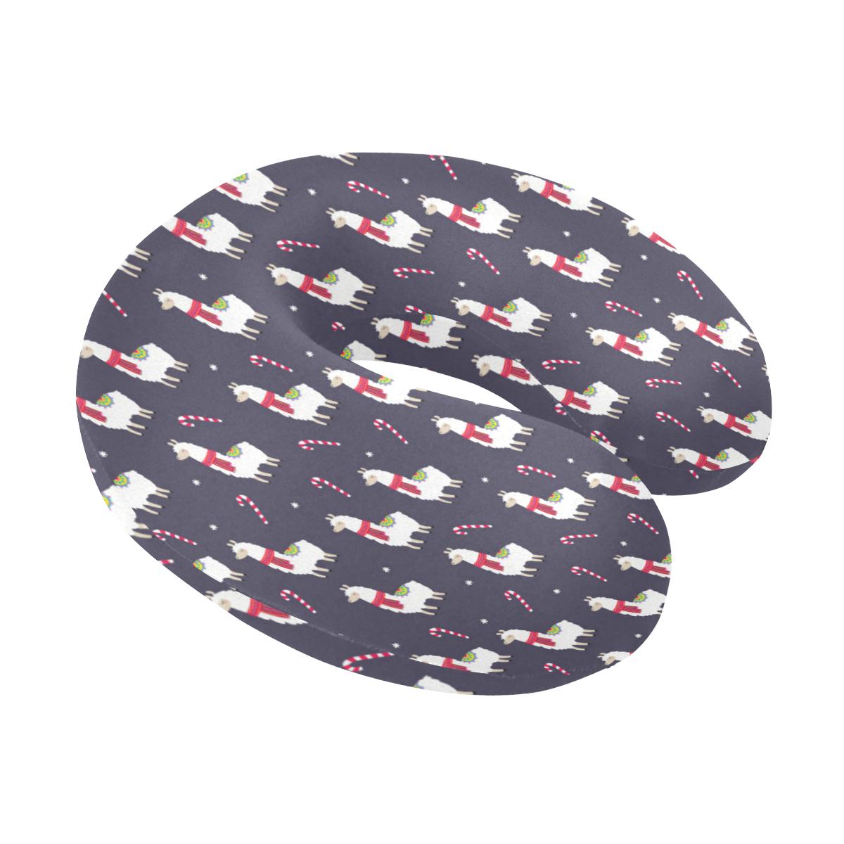 Llama with Candy Cane Themed Print U-Shaped Travel Neck Pillow-JTAMIGO.COM