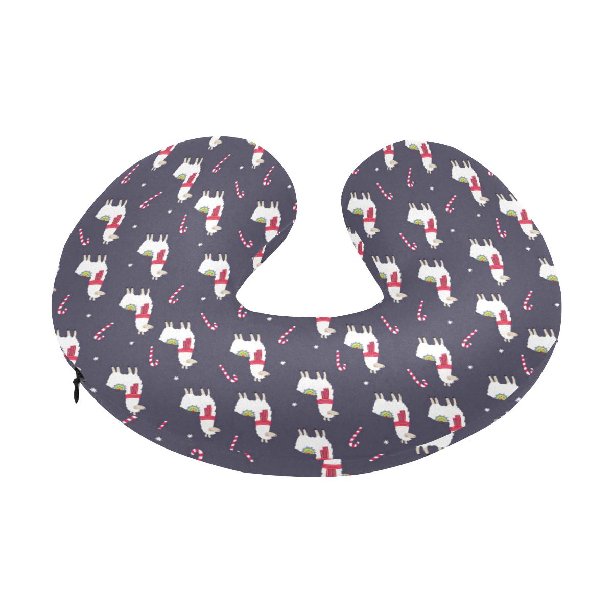 Llama with Candy Cane Themed Print U-Shaped Travel Neck Pillow-JTAMIGO.COM