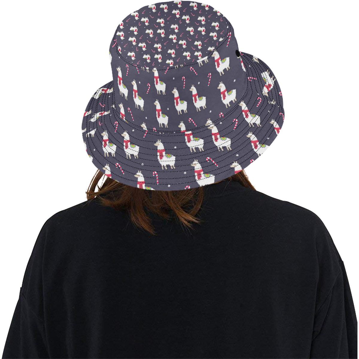 Llama with Candy Cane Themed Print Unisex Bucket Hat