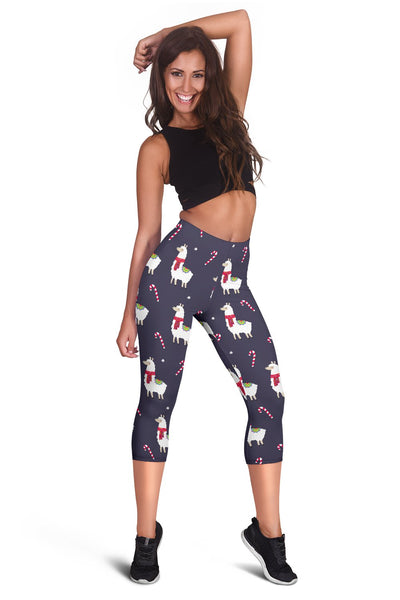Llama with Candy Cane Themed Print Women Capris