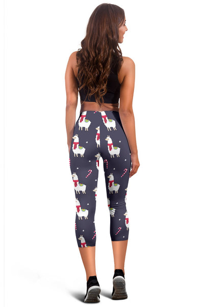Llama with Candy Cane Themed Print Women Capris