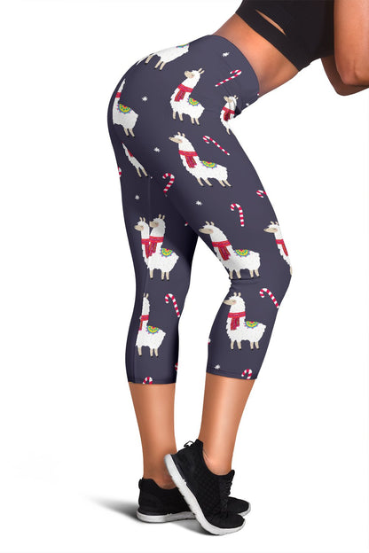 Llama with Candy Cane Themed Print Women Capris