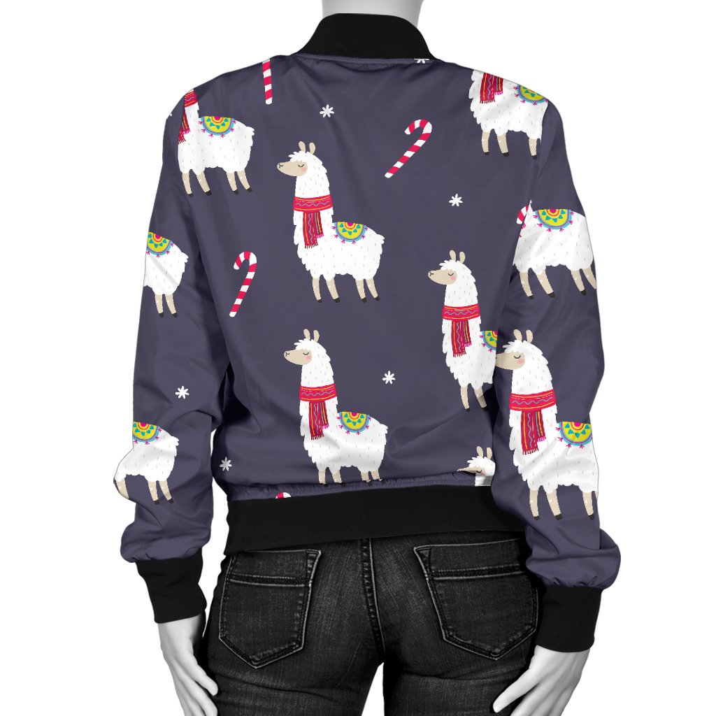 Llama With Candy Cane Themed Print Women Casual Bomber Jacket