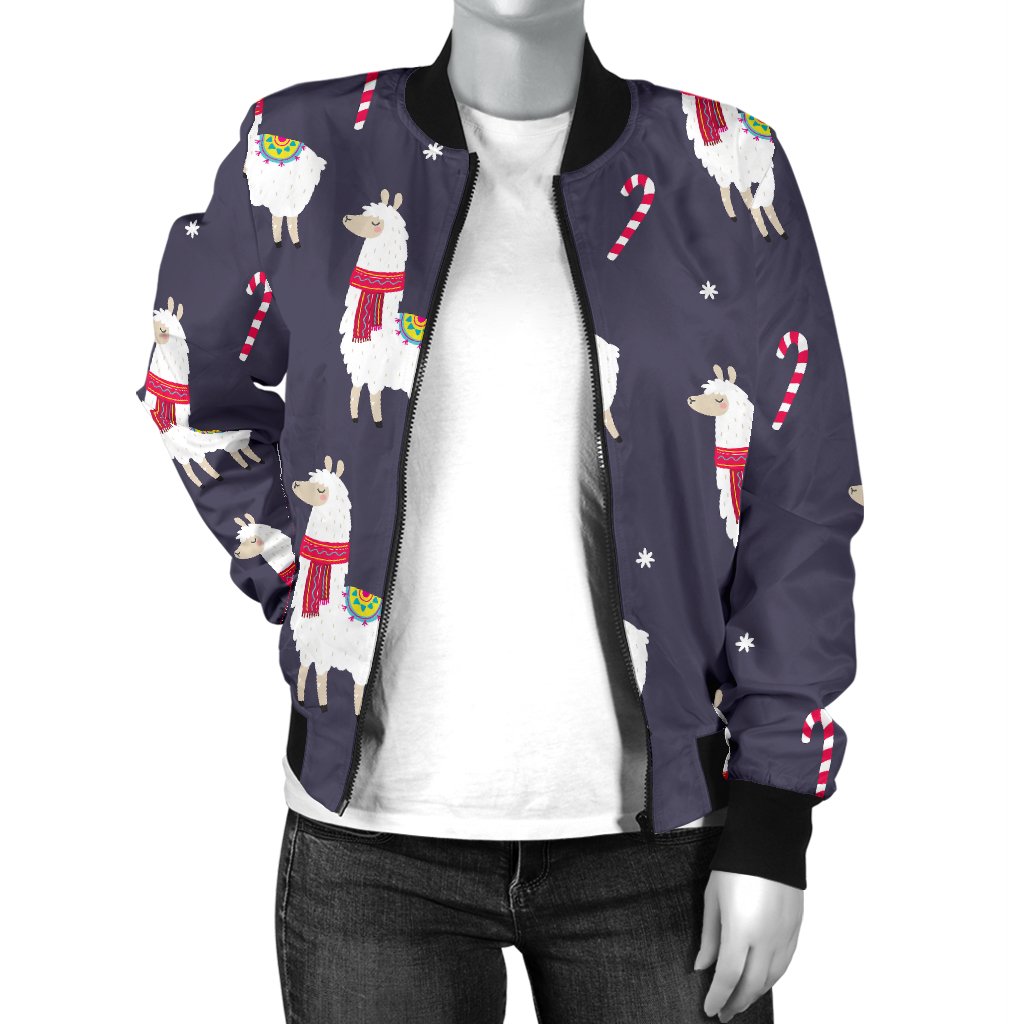 Llama With Candy Cane Themed Print Women Casual Bomber Jacket