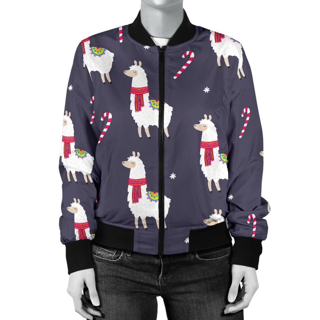 Llama With Candy Cane Themed Print Women Casual Bomber Jacket