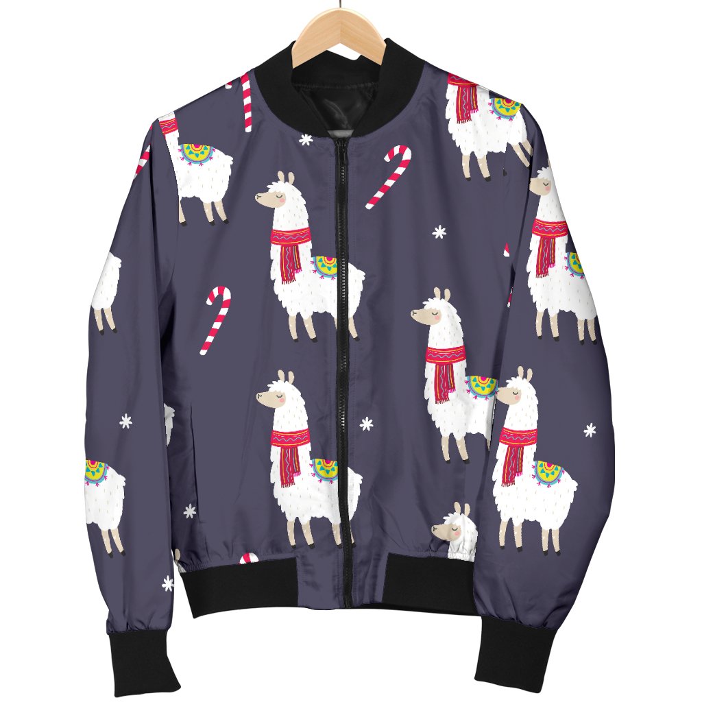 Llama With Candy Cane Themed Print Women Casual Bomber Jacket