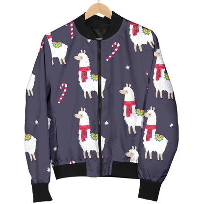 Llama With Candy Cane Themed Print Women Casual Bomber Jacket