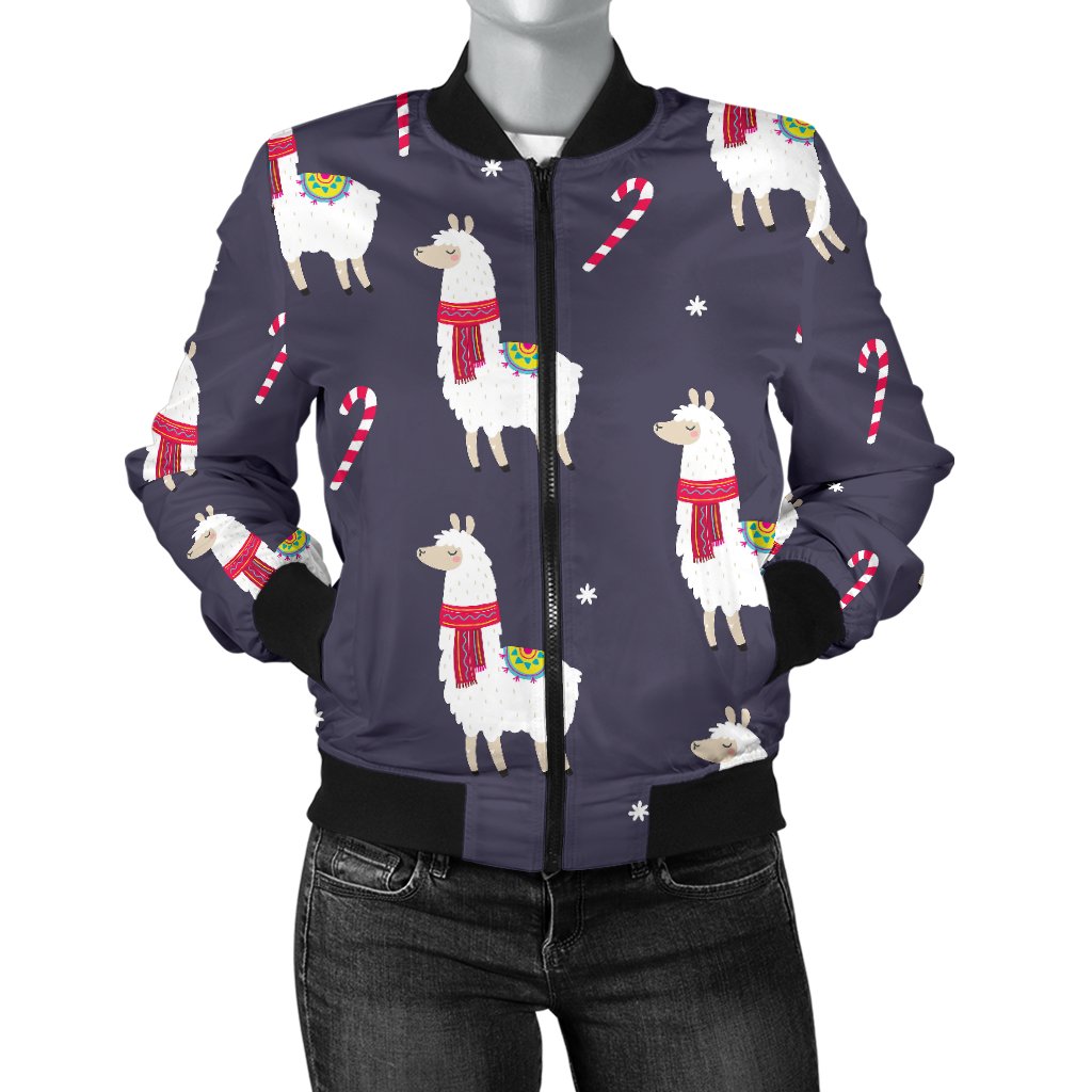 Llama With Candy Cane Themed Print Women Casual Bomber Jacket