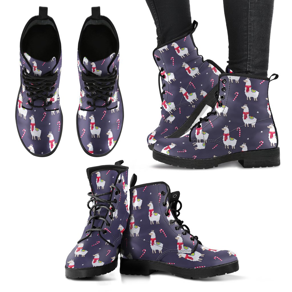 Llama with Candy Cane Themed Print Women Leather Boots-JTAMIGO.COM