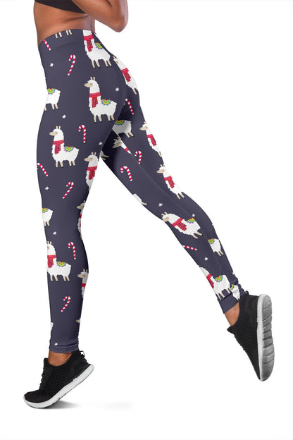 Llama with Candy Cane Themed Print Women Leggings