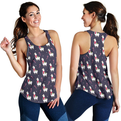 Llama With Candy Cane Themed Print Women Racerback Tank Top