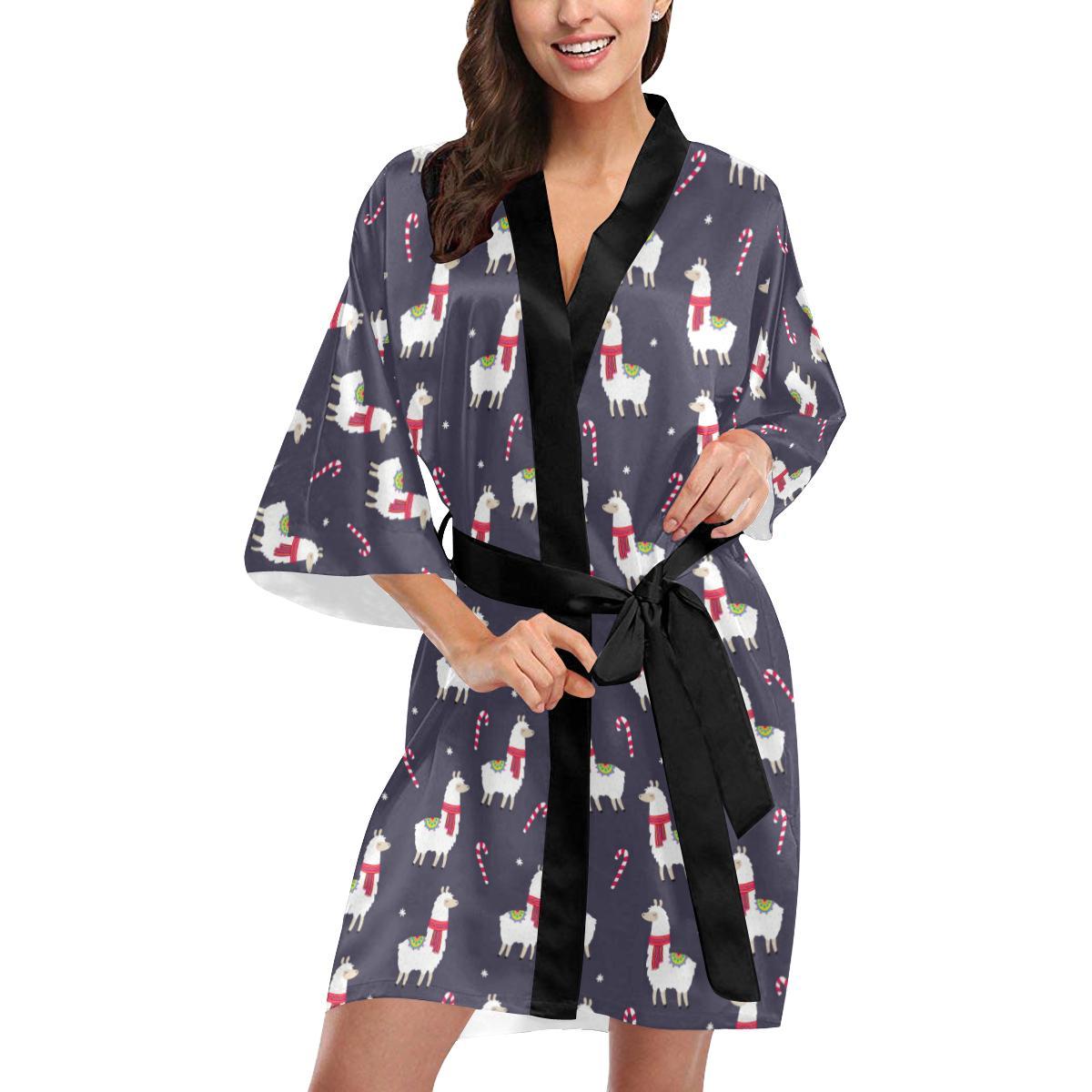 Llama with Candy Cane Themed Print Women Short Kimono Robe