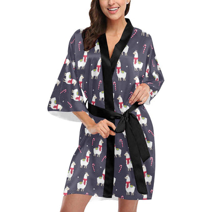 Llama with Candy Cane Themed Print Women Short Kimono Robe