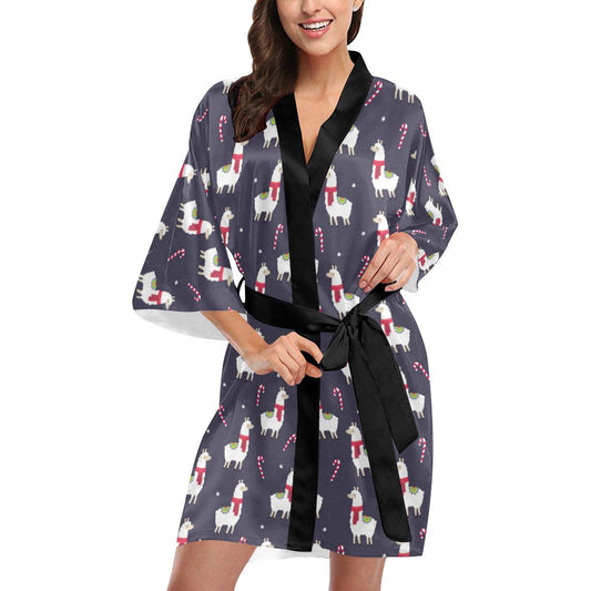 Llama with Candy Cane Themed Print Women Short Kimono Robe