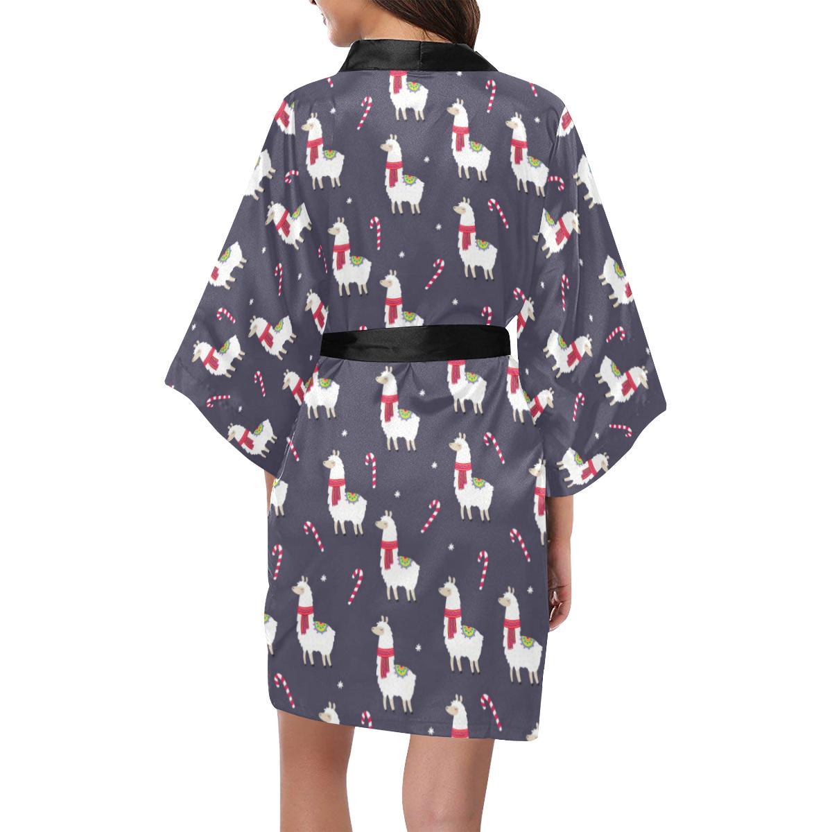 Llama with Candy Cane Themed Print Women Short Kimono Robe