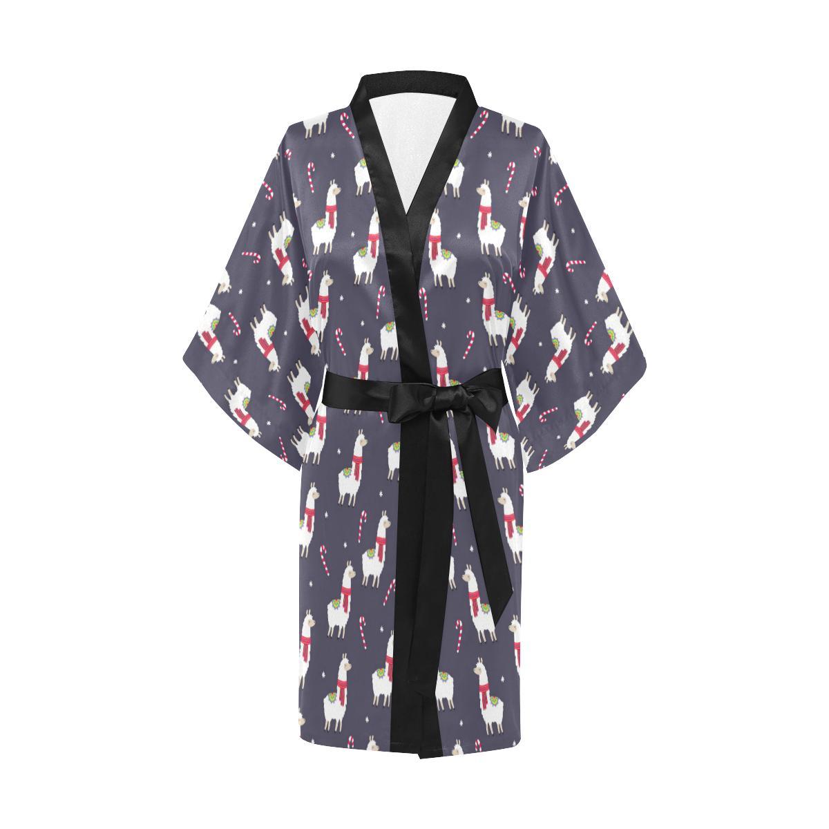 Llama with Candy Cane Themed Print Women Short Kimono Robe