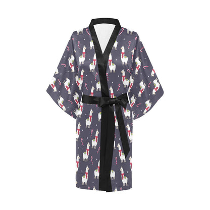 Llama with Candy Cane Themed Print Women Short Kimono Robe