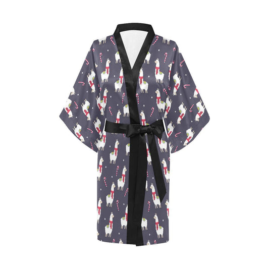 Llama with Candy Cane Themed Print Women Short Kimono Robe