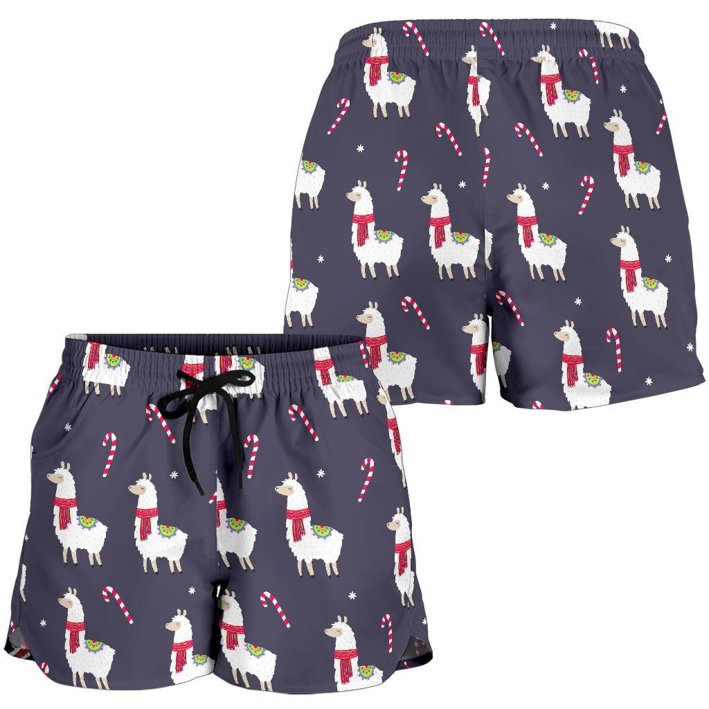 Llama with Candy Cane Themed Print Women Shorts-JTAMIGO.COM
