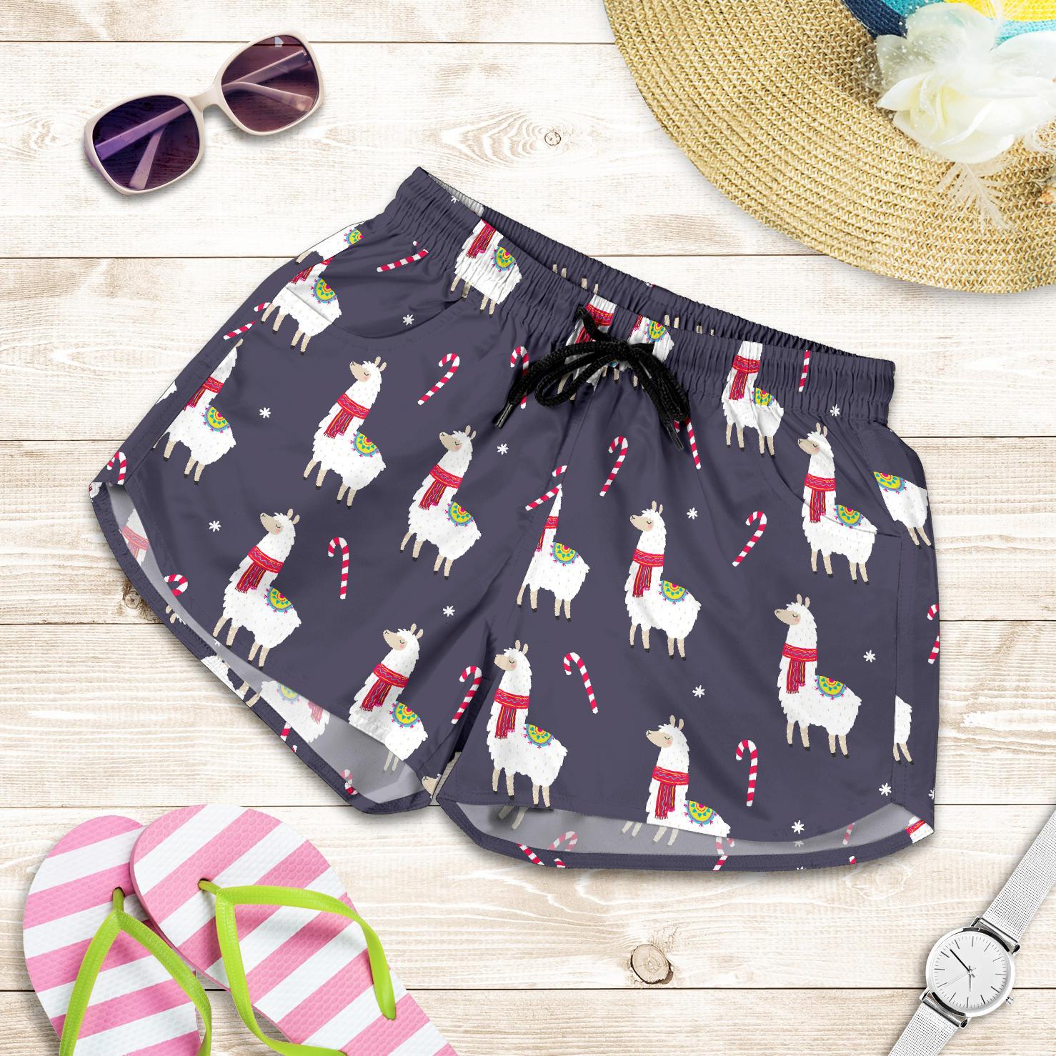 Llama with Candy Cane Themed Print Women Shorts-JTAMIGO.COM