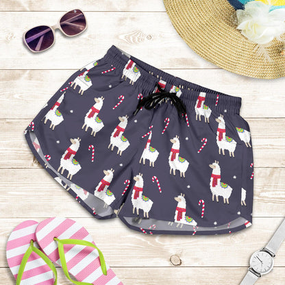 Llama with Candy Cane Themed Print Women Shorts-JTAMIGO.COM