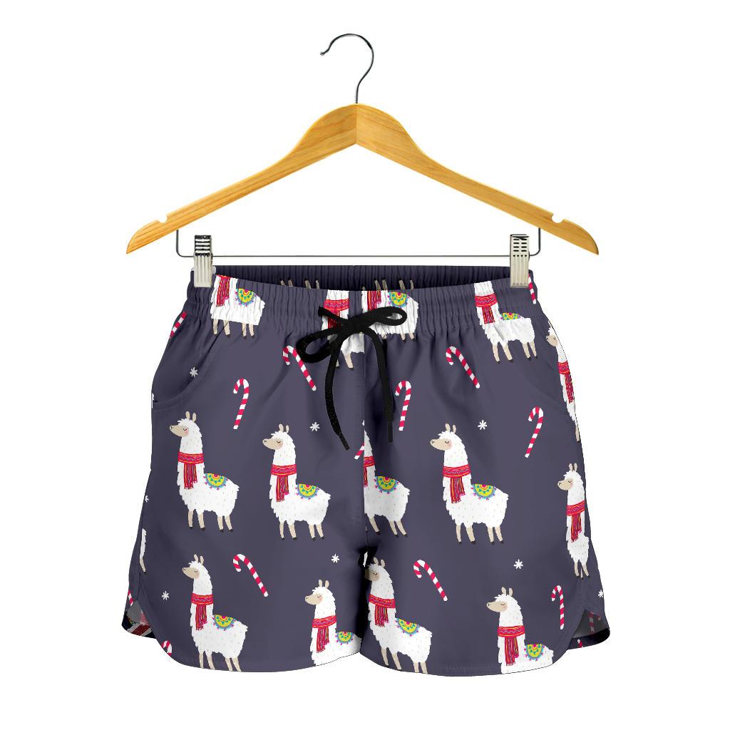 Llama with Candy Cane Themed Print Women Shorts-JTAMIGO.COM