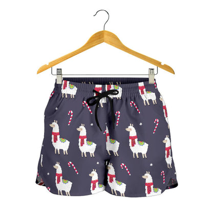 Llama with Candy Cane Themed Print Women Shorts-JTAMIGO.COM