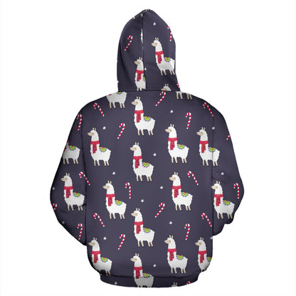 Llama with Candy Cane Themed Print Zip Up Hoodie