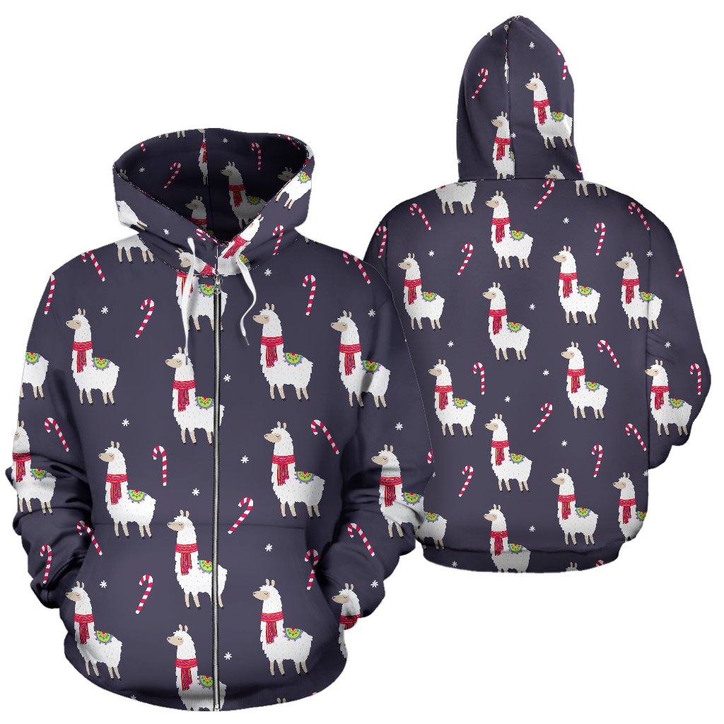 Llama with Candy Cane Themed Print Zip Up Hoodie