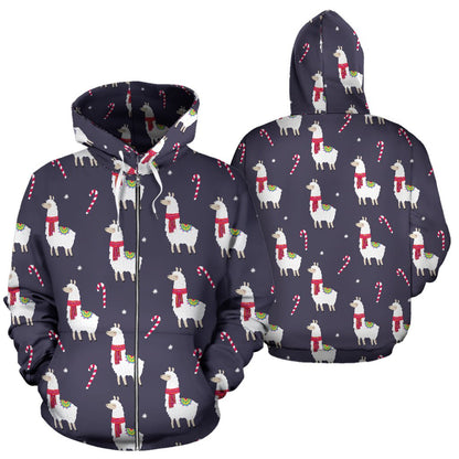 Llama with Candy Cane Themed Print Zip Up Hoodie