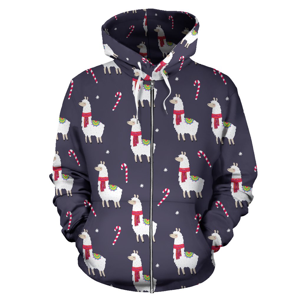 Llama with Candy Cane Themed Print Zip Up Hoodie