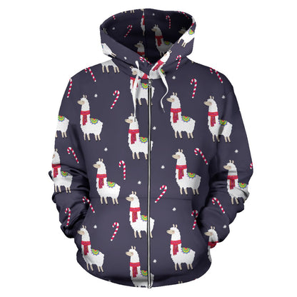Llama with Candy Cane Themed Print Zip Up Hoodie