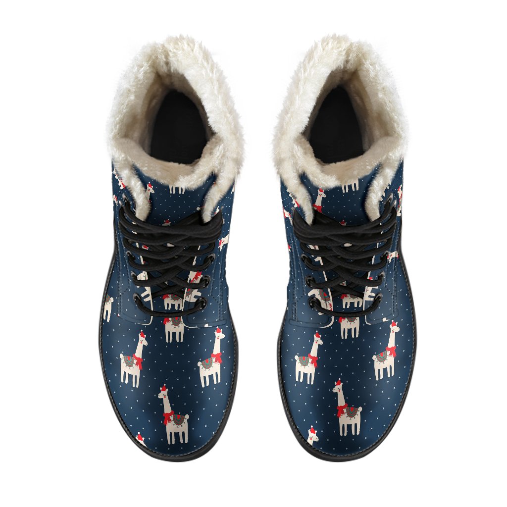 Llama with Polka Dot Themed Print Faux Fur Leather Boots-JTAMIGO.COM