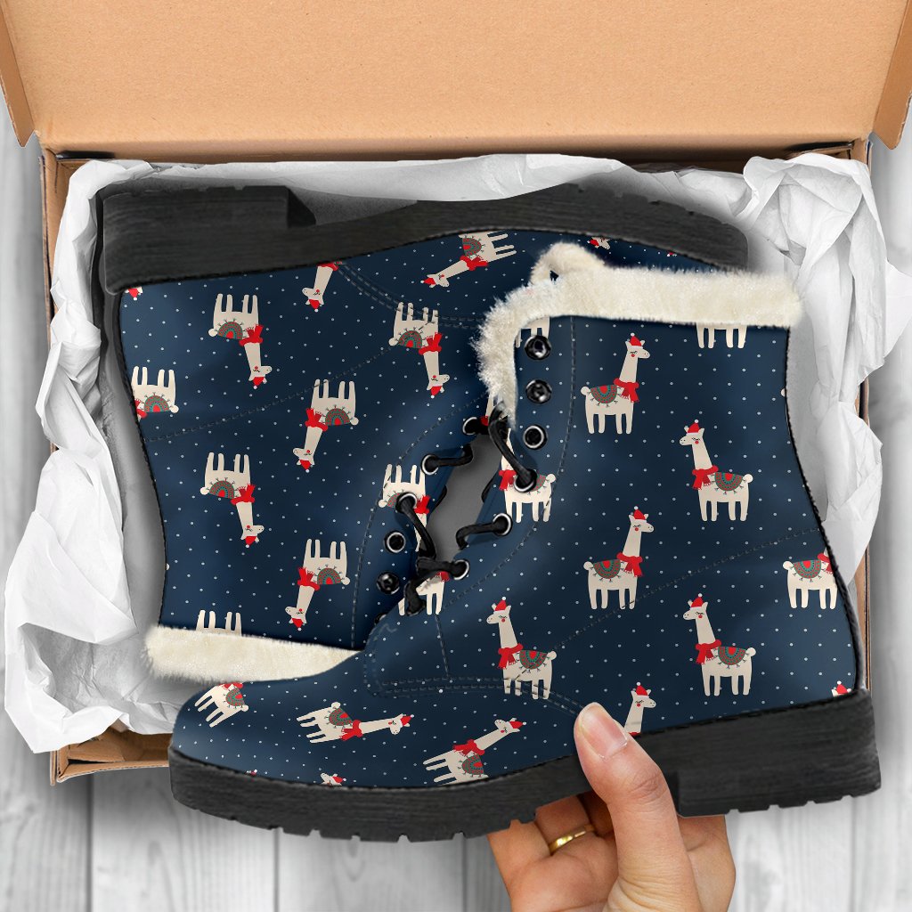 Llama with Polka Dot Themed Print Faux Fur Leather Boots-JTAMIGO.COM