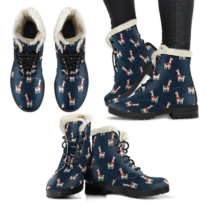 Llama with Polka Dot Themed Print Faux Fur Leather Boots-JTAMIGO.COM