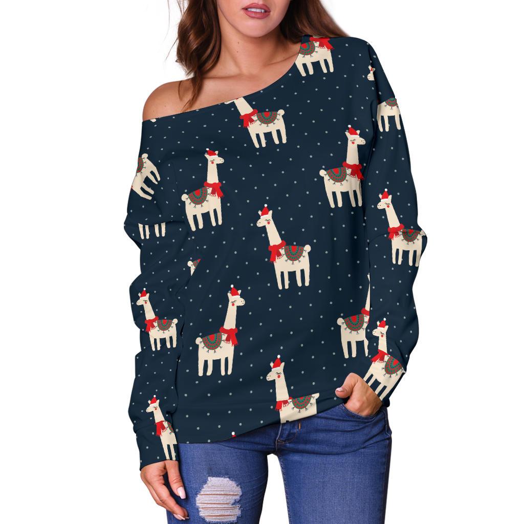 Llama with Polka Dot Themed Print Off Shoulder Sweatshirt