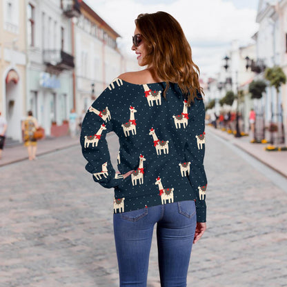Llama with Polka Dot Themed Print Off Shoulder Sweatshirt