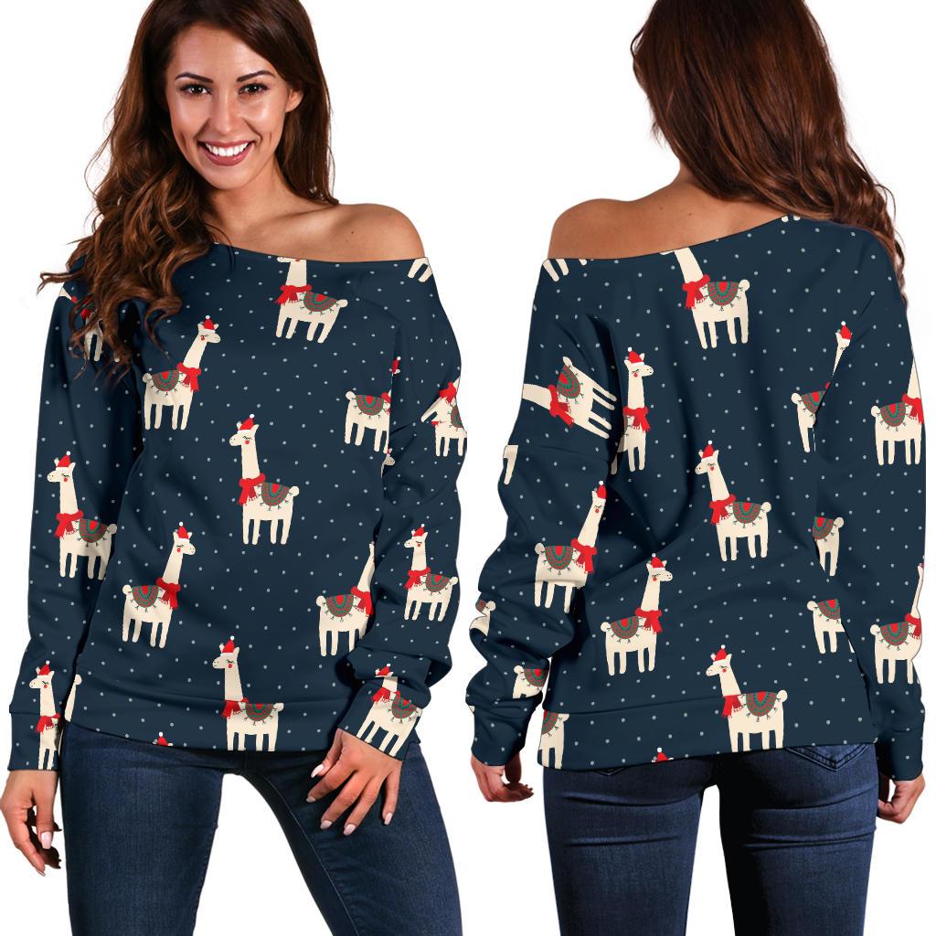 Llama with Polka Dot Themed Print Off Shoulder Sweatshirt