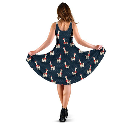 Llama With Polka Dot Themed Print Sleeveless Dress