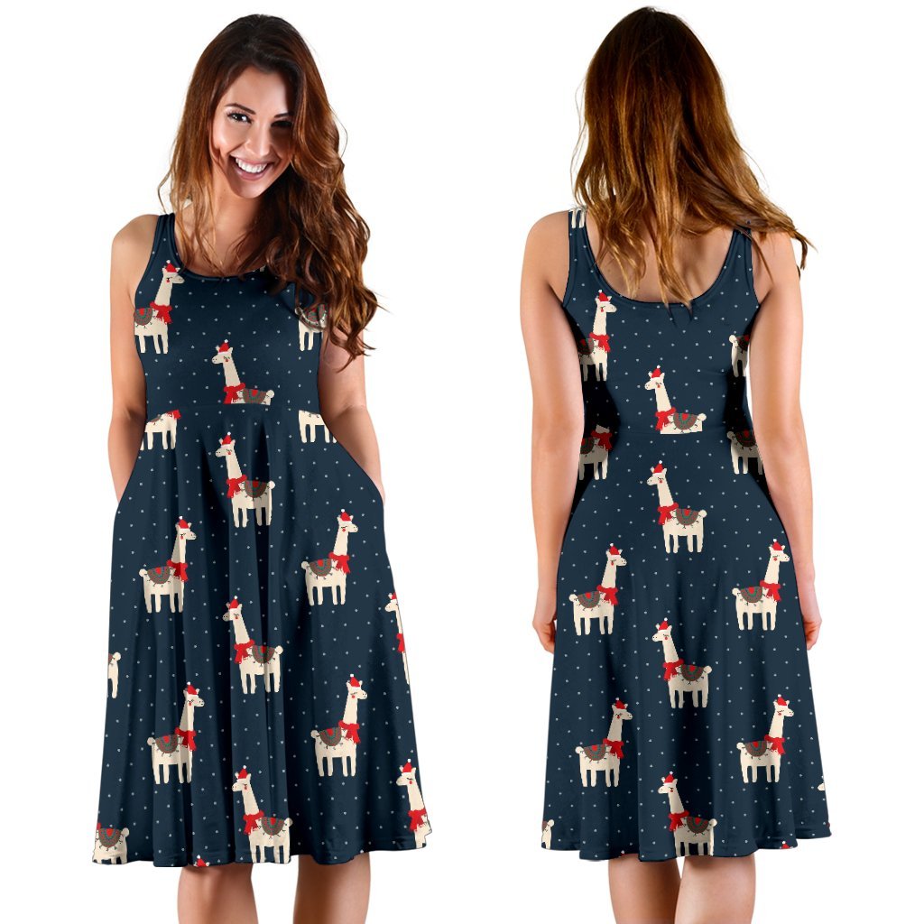 Llama With Polka Dot Themed Print Sleeveless Dress
