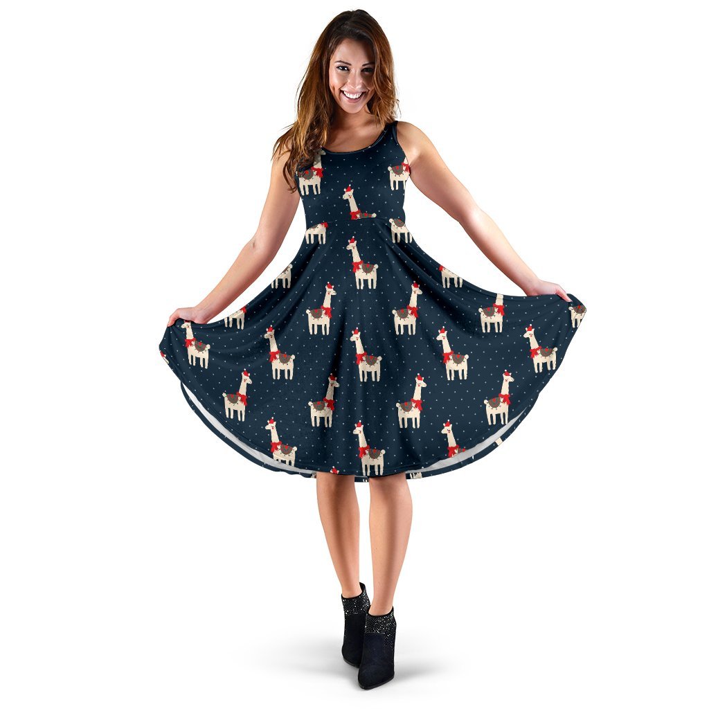 Llama With Polka Dot Themed Print Sleeveless Dress