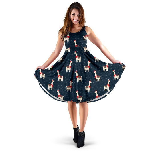 Llama With Polka Dot Themed Print Sleeveless Dress