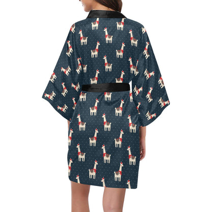 Llama with Polka Dot Themed Print Women Short Kimono Robe